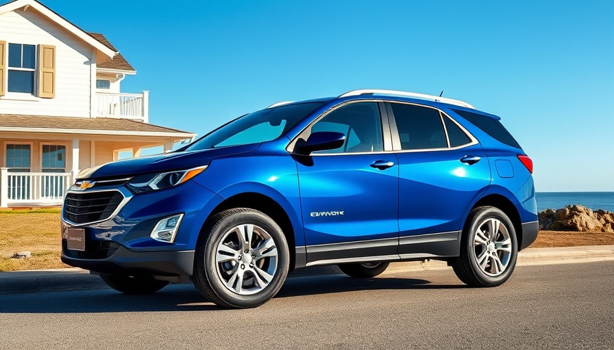 Chevy Equinox EV parked near coastal house under clear sky.