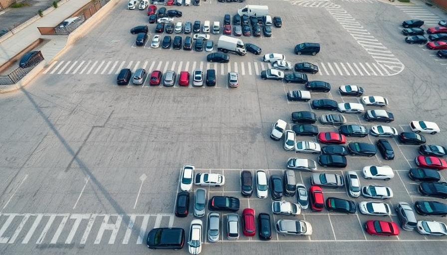 Aerial view of a large car parking lot for automotive sales.