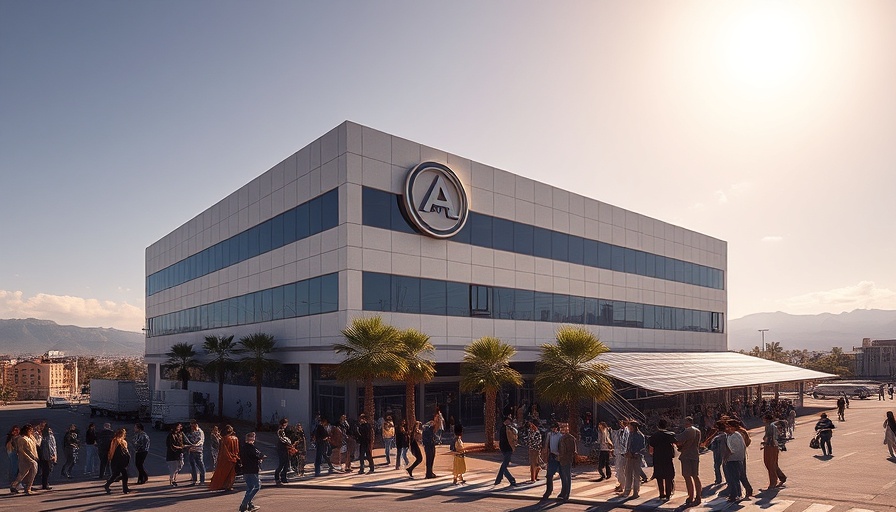 Nikola business office with crowd and solar panels outdoors.