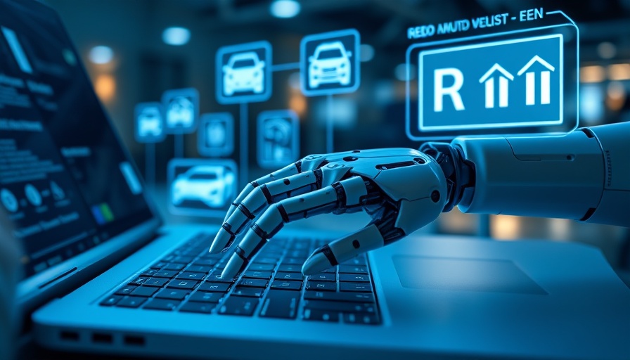 Robotic hand using a laptop with AI automotive recruitment interface.