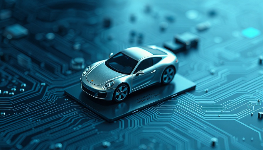 Futuristic car model on circuit board, automotive report theme