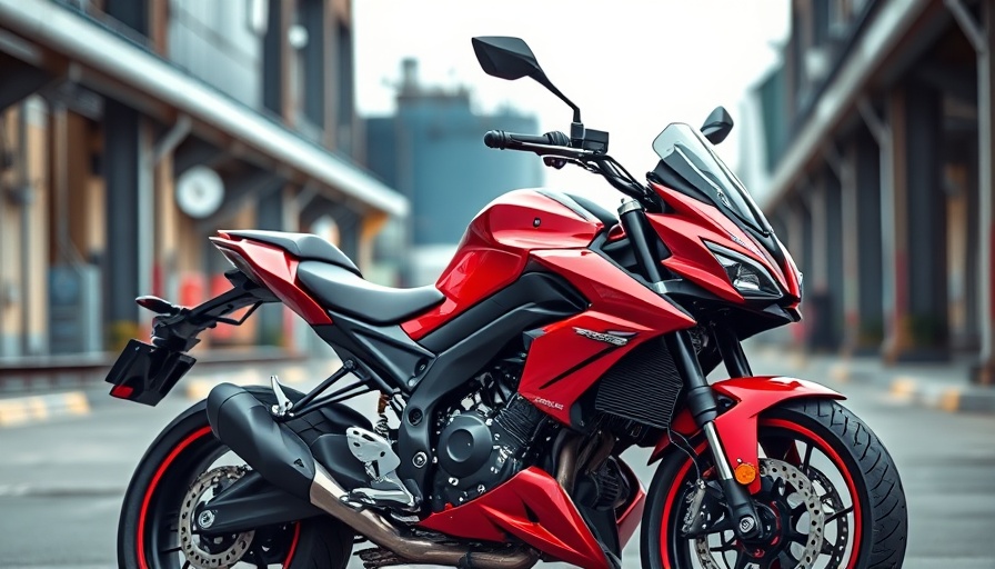 Sleek red Indian Motorcycle in urban industrial setting.