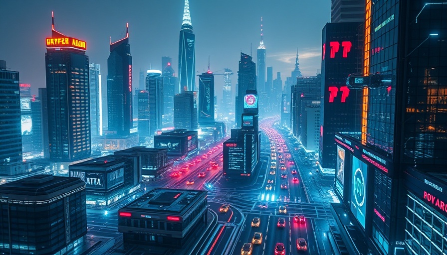 Futuristic cityscape with AI tech elements, enterprise technology predictions
