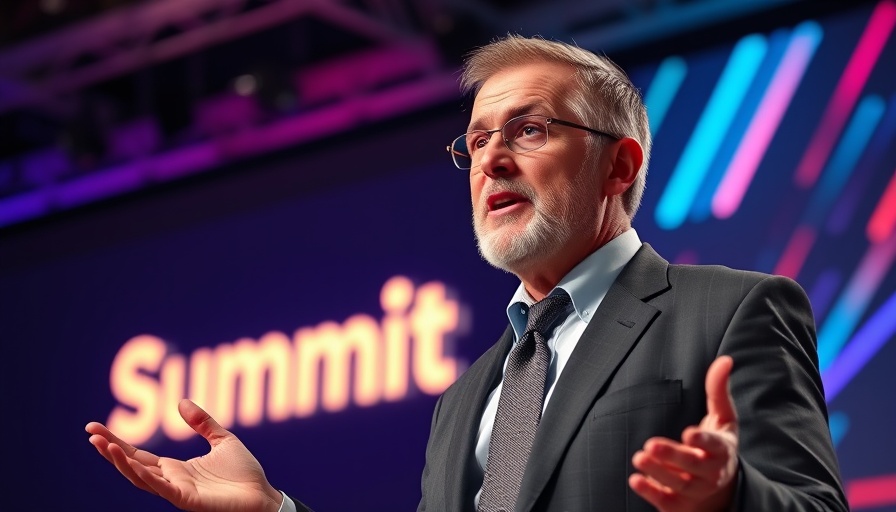 Business executive discussing AI challenges at technology summit.