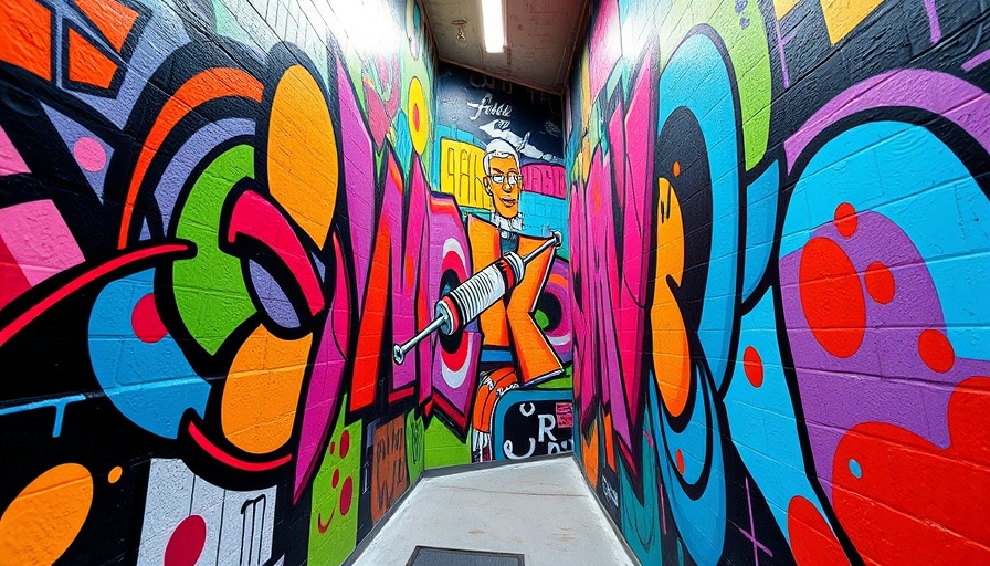 Colorful mural with syringe illustration and 'Retro' text, AI Healthcare Investment theme.