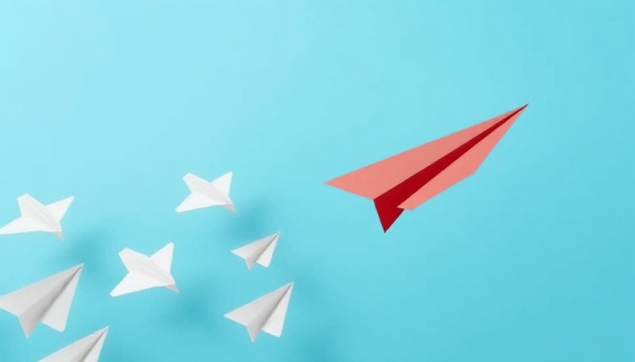 Red paper plane leading white planes, symbolizing AI job security.