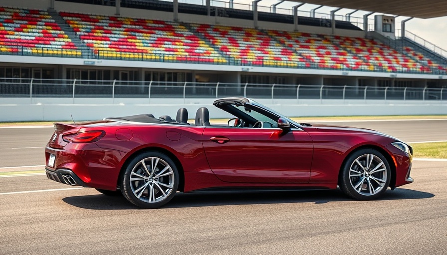 Maroon convertible parked at racetrack with colorful grandstand.