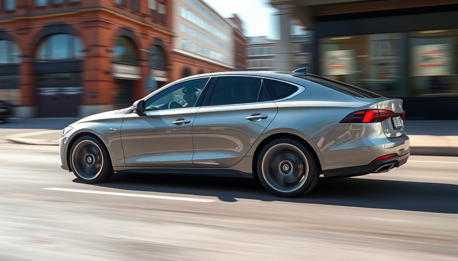 Modern car speeding through city street, urban background.