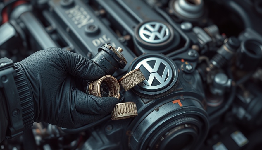 Volkswagen TDI engine failure with broken parts handled by gloved hand.