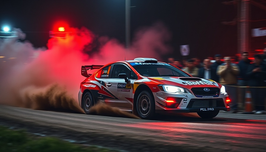 Nighttime World Rally Championship car taking a sharp turn, dramatic lights.
