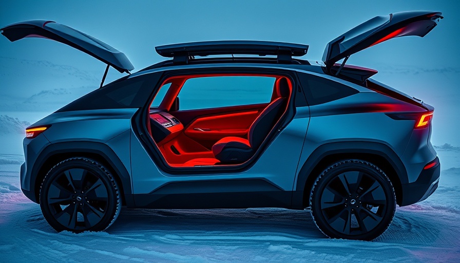 Futuristic electric SUV on snowy terrain with open trunk.