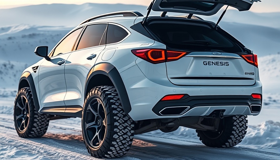 Futuristic Genesis GV60 in snowy setting with open trunk.