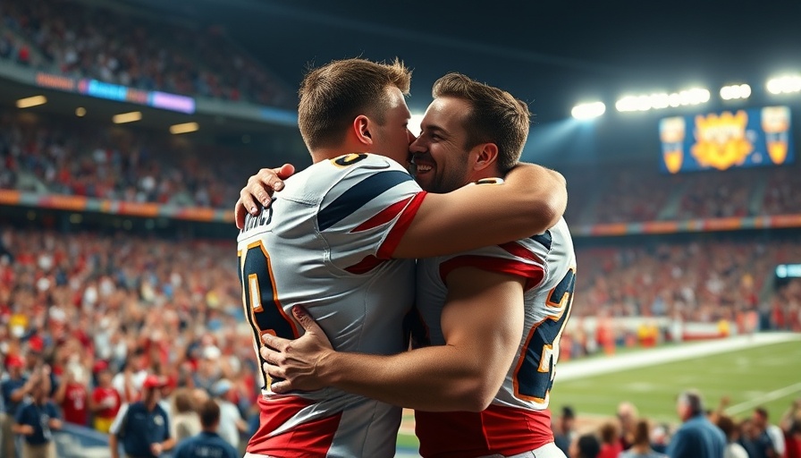 Football players embracing post-game with photographers capturing the moment.