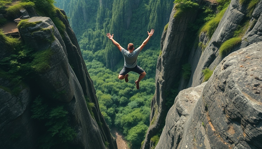 TMLE: Man jumping off a cliff in lush forest, cinematic scene.