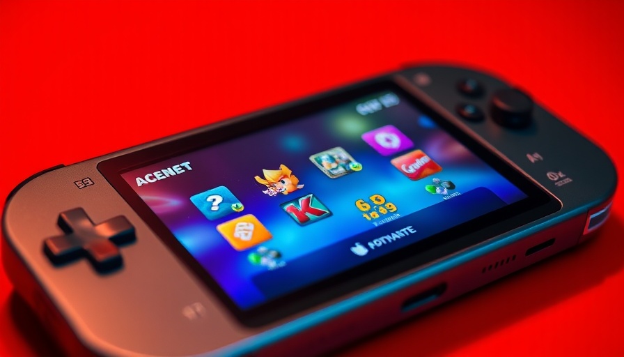 Close-up of handheld gaming console on red background.