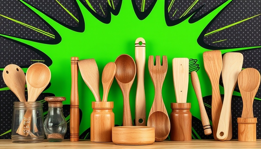 Wooden kitchen tools with comic book style background.