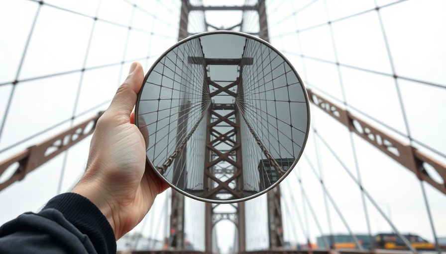 Urban photography of bridge reflection in mirror capturing architecture.