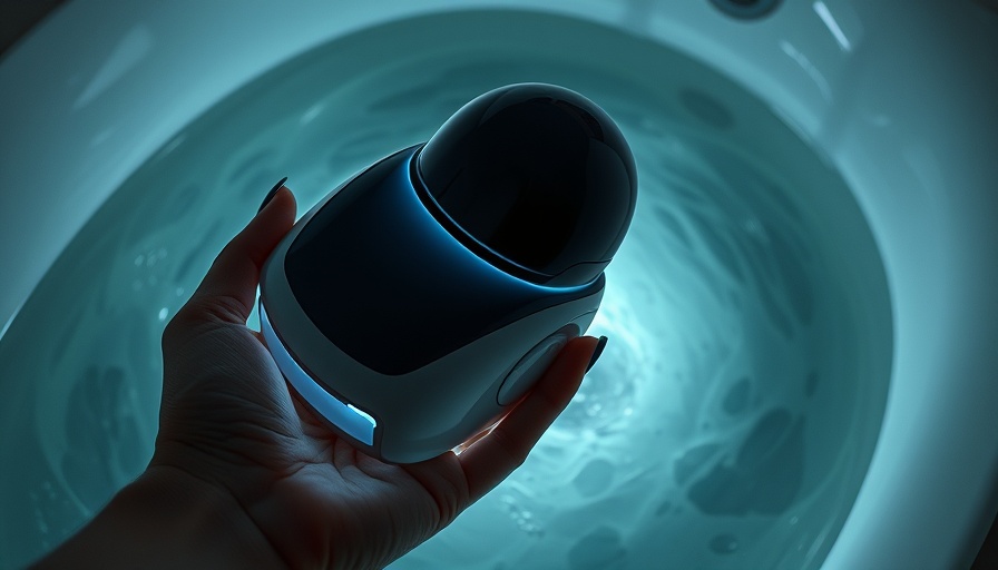 Futuristic bath bot held in dark water, Bath Bot innovation
