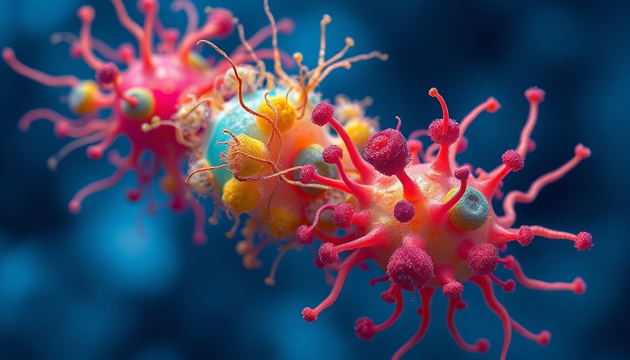 Abstract depiction of endosymbiosis with colorful cellular structures.