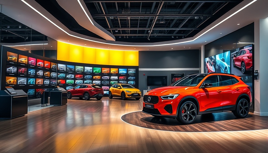 Luxury automotive showroom with color samples and digital display.
