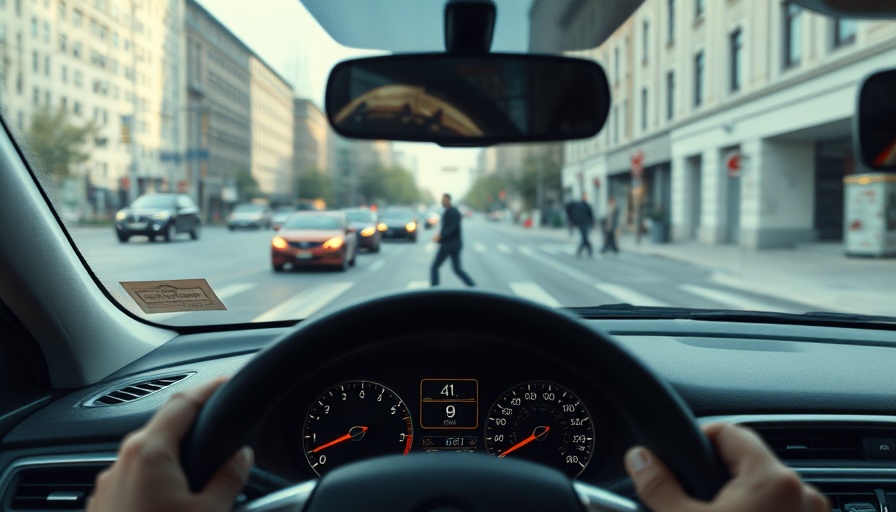Driver's perspective with AEB alert and pedestrian crossing.