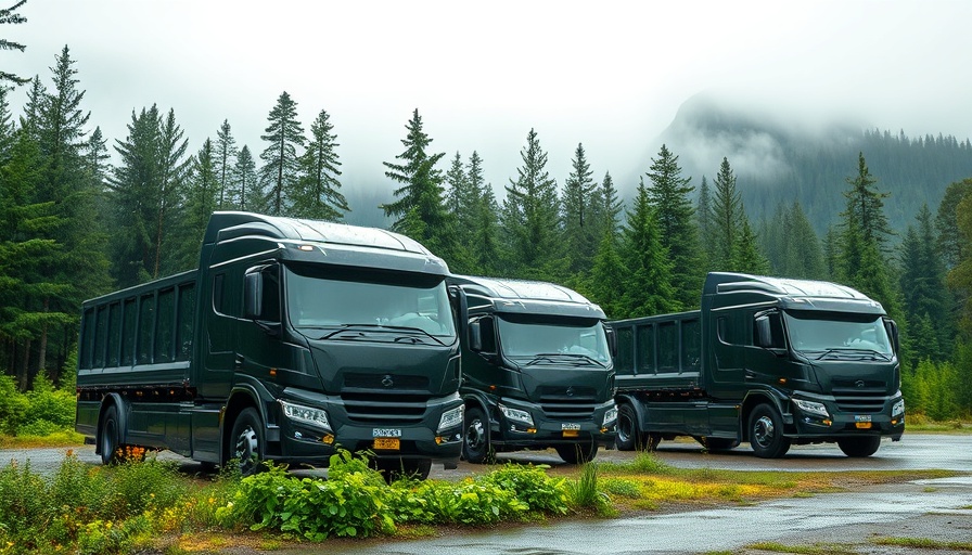 Sleek Rivian trucks showcasing eco-friendly design in a misty forest.