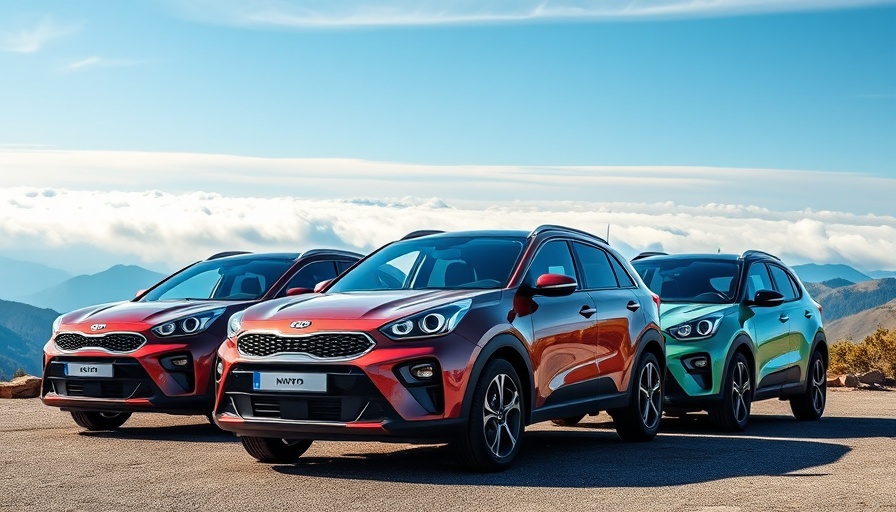 Three Kia Niro cars at mountain viewpoint, clear sky, panoramic view.