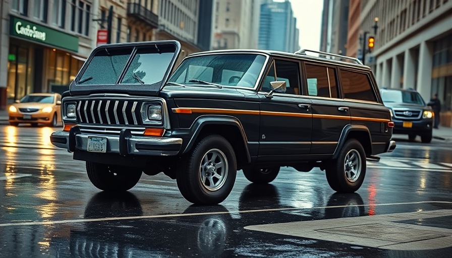Sleek Jeep Wagoneer S parked on a rainy city street.