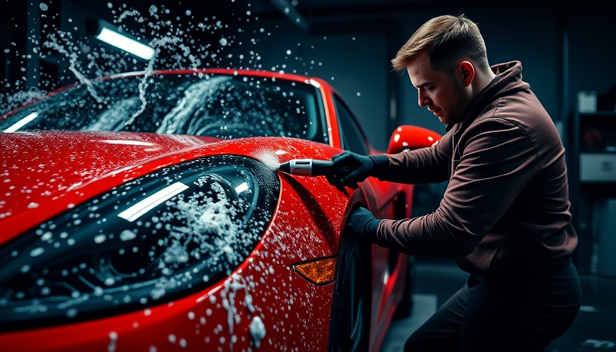 Car detailer uses auto-detailing tools on red car in garage.