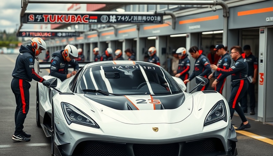 Racing team at Tsukuba Circuit prepares a white sports car in pit lane.