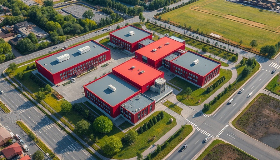 Hyundai R&D facility aerial view with red structures and greenery.