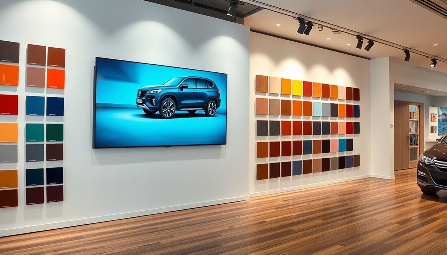Luxury automotive customization color swatches in showroom.