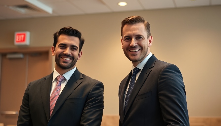 Two men in suits smiling confidently in a conference room.