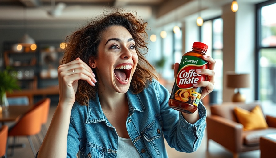Energetic woman enjoying Coffee Mate Super Bowl Ad in a modern room.