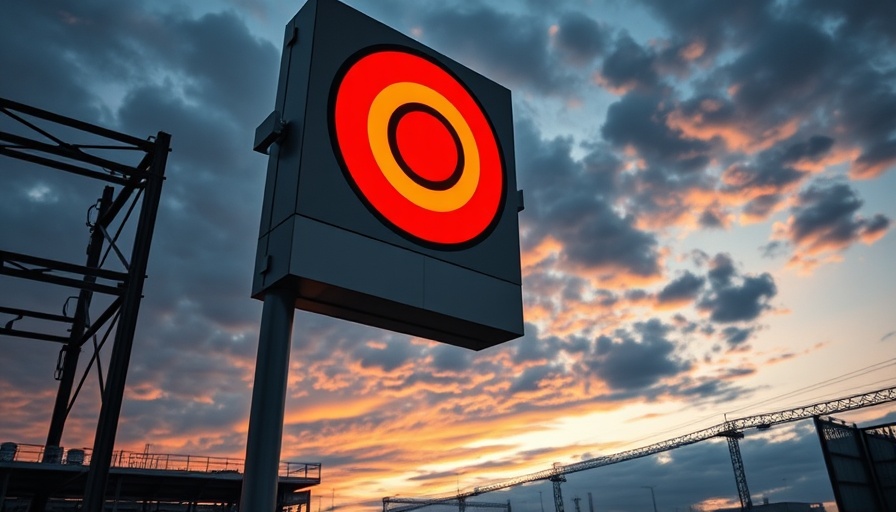 Corporate signage illustrating branding against a sunset sky.