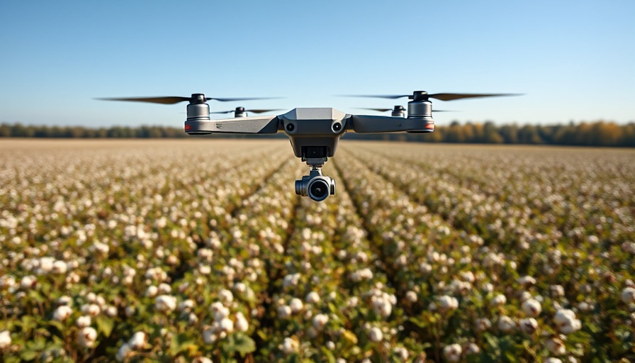 Drones in cotton field showing drone traffic control application.