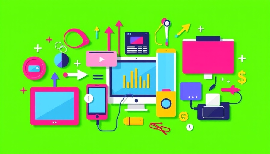 Illustration on tariffs affecting tech prices with devices and arrows.