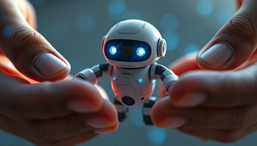 Futuristic AI autonomous agent robot hovering between hands.