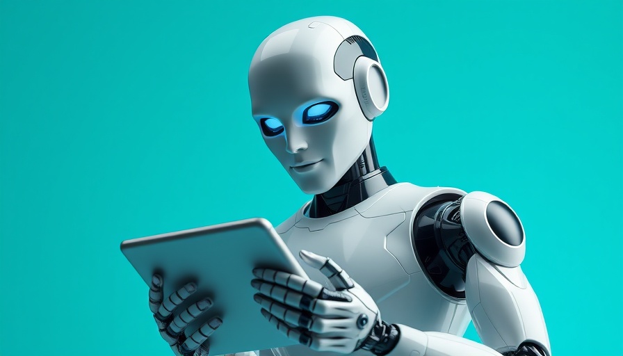 AI applications concept with robot using tablet on turquoise background.