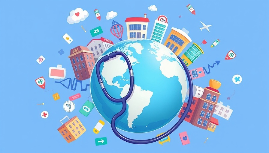 Medical tourism illustrated with globe and healthcare symbols.