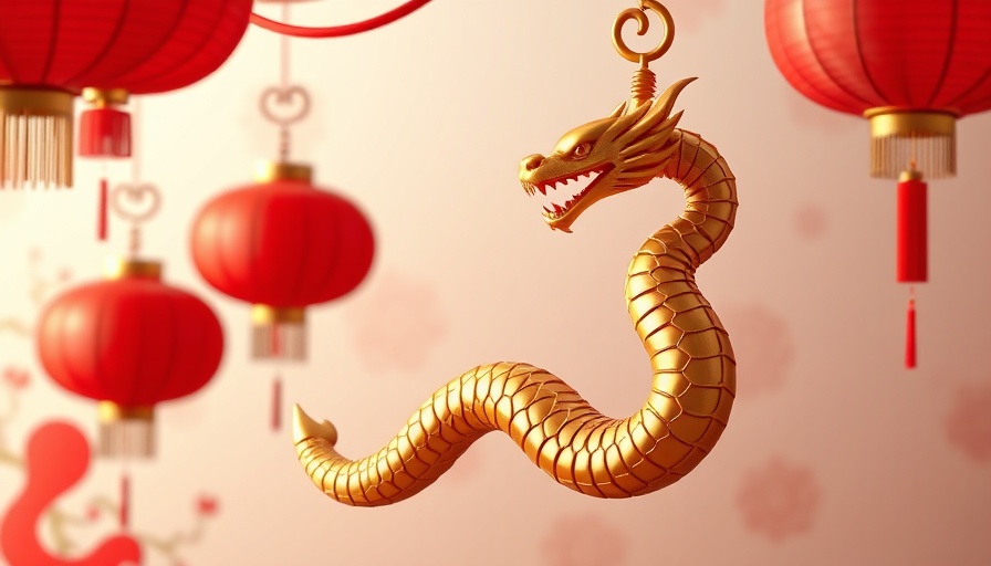 Traditional Chinese decor with red lanterns and golden snake symbol.