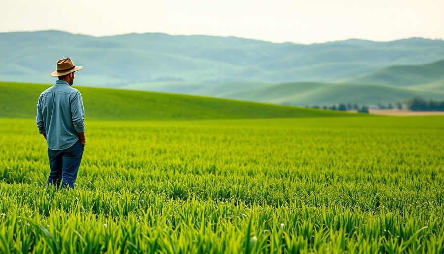 European farmer inspecting sustainable farmland under cloudy sky.