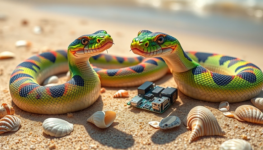 Raspberry Pi PIO with curious snakes on a sunny beach.