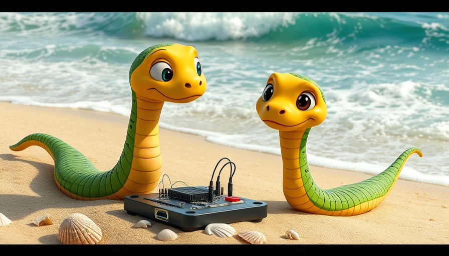 Cartoon snakes with Pico PIO Wats chip on sunny beach