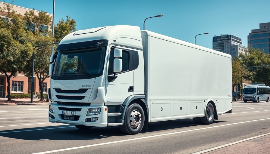 Hydrogen-powered truck in urban setting, promoting hydrogen economy.