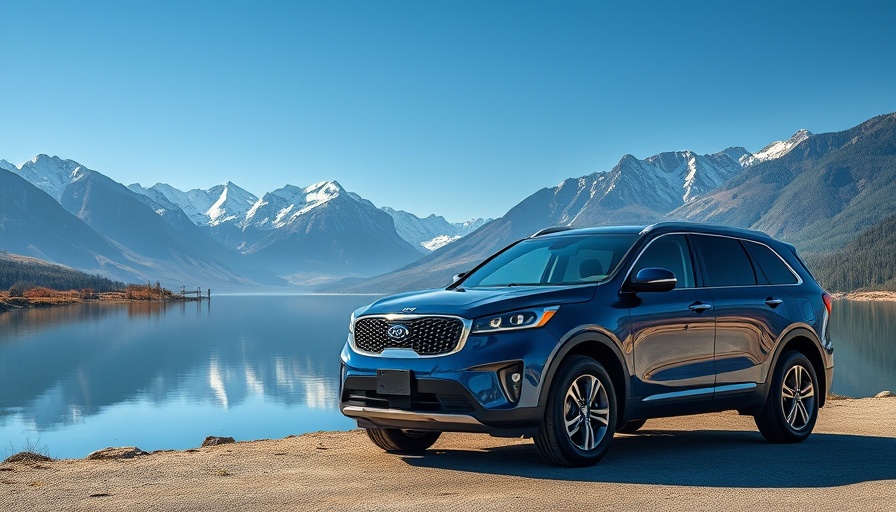Kia Sorento by lake with mountain background, photorealistic.