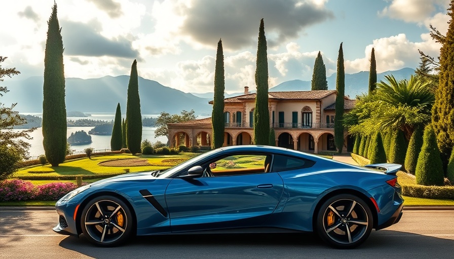 Blue sports car at lakeside villa with lush gardens and mountains.