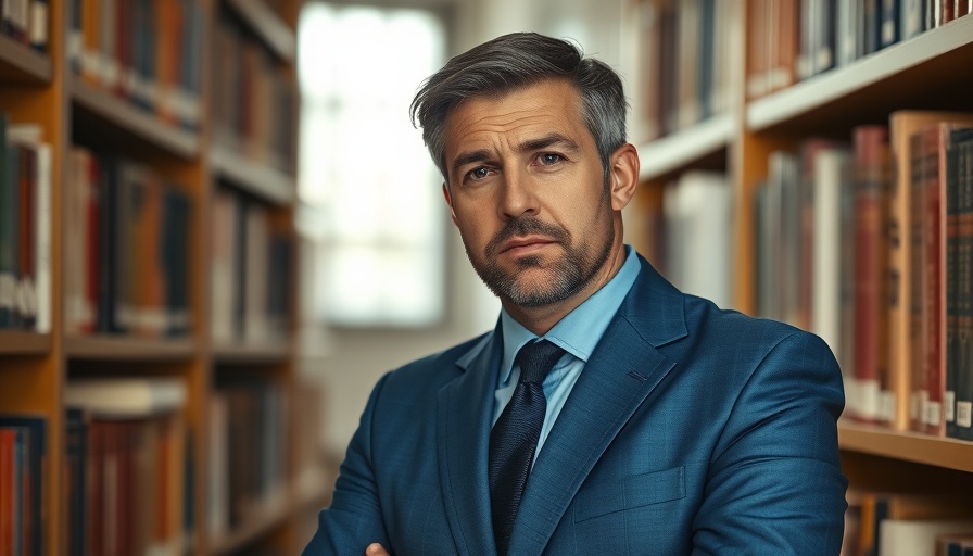 Professional man in blue suit in front of bookshelf, AI drug discovery.