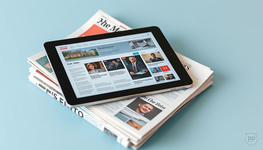 Digital tablet with online news on newspaper stack, AI-generated news.