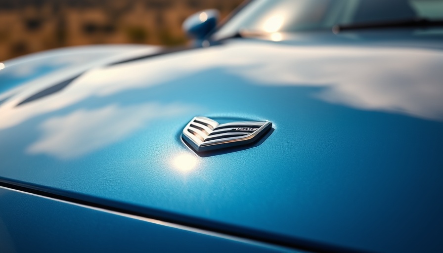 Metallic logo on electric vehicle hood reflecting light.